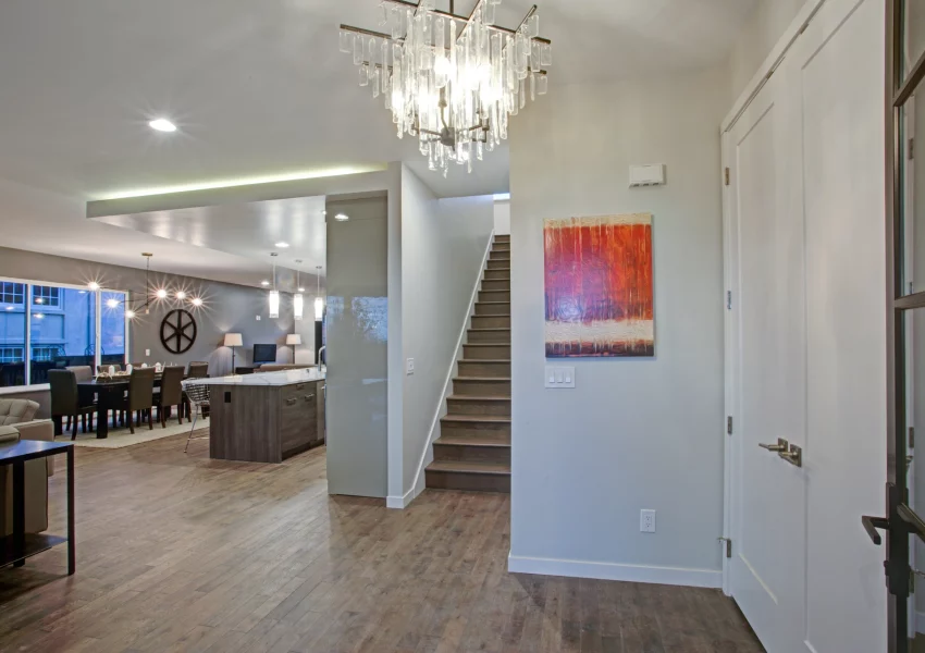 White and gray Living room interior with open floor plan